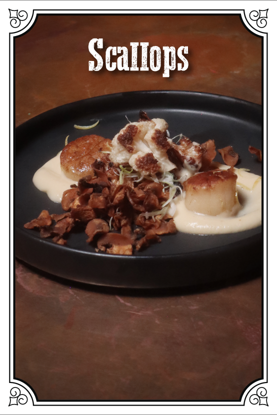Seared Scallop With Crisp Cauliflower. Crisp Mushroom Chips And Cauliflower- Lemon Puree  $170.00mxn