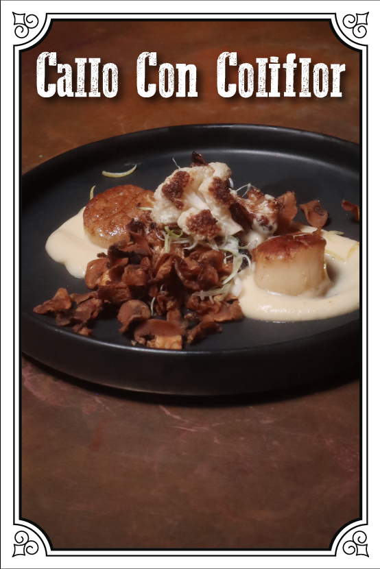 Callo Con Coliflor Crujiente, Chips de Champiñon Y Puré De Coliflor Y Limón $170.00mxn